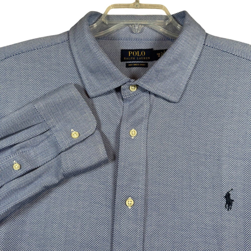 Polo Ralph Lauren Knit Dress Shirt Mens 3XB Blue Herringbone Long Sleeve Pony
